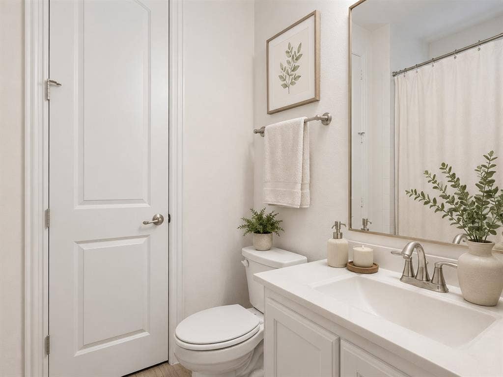 Bathroom featuring a white vanity with integrated sink, brushed nickel faucet, a frameless wall mirror, and a white toilet. This image has been virtually enhanced for marketing purposes.