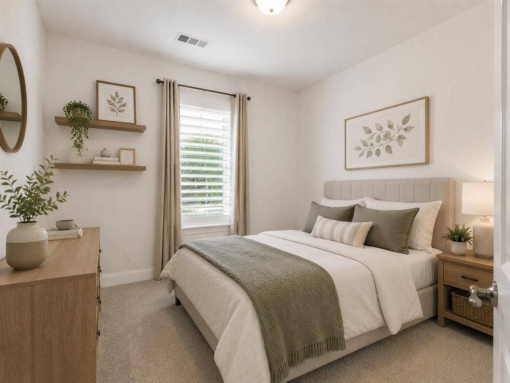 Carpeted bedroom featuring an upholstered headboard, a window with plantation shutters, two wall-mounted floating shelves, and an overhead flush-mount light fixture. This image has been virtually enhanced for marketing purposes.