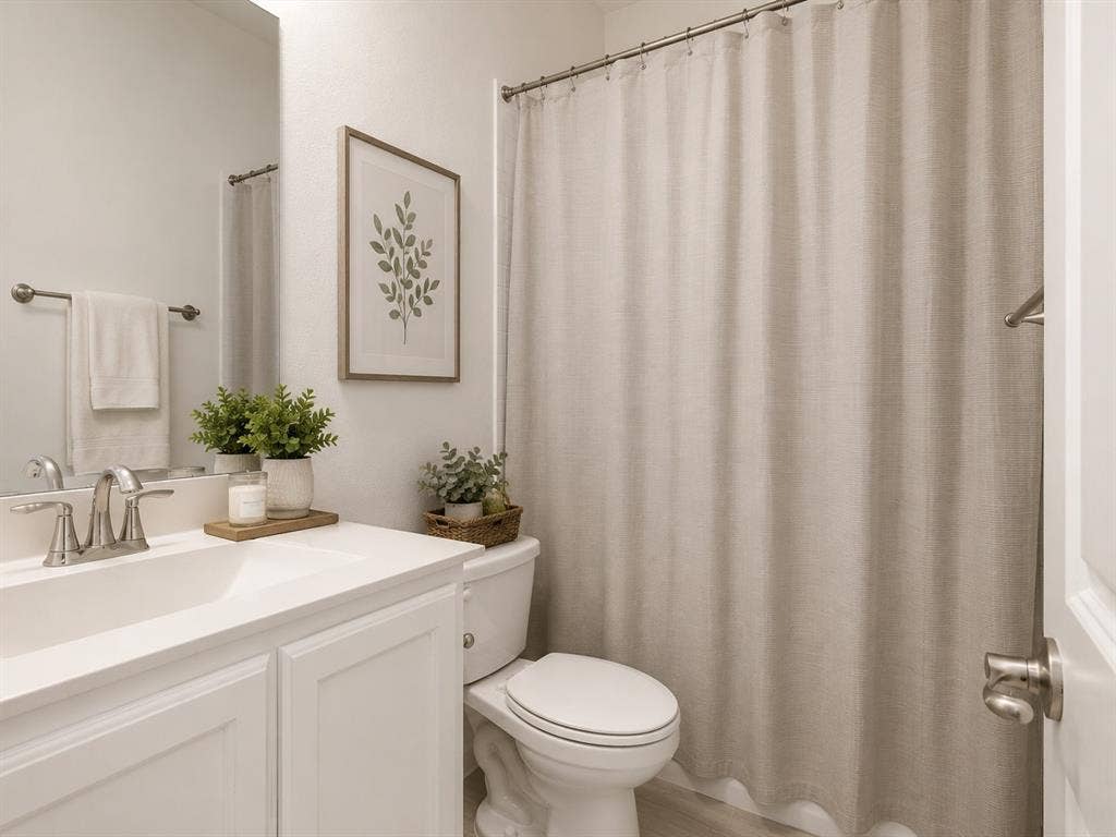 Bathroom featuring a white vanity with integrated sink, brushed nickel faucet, full-width mirror, and a toilet. This image has been virtually enhanced for marketing purposes.