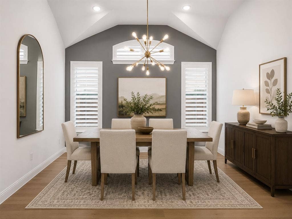 Vaulted ceiling dining area featuring wood-finish flooring, recessed lighting, and a linear chandelier. This image has been virtually enhanced for marketing purposes.