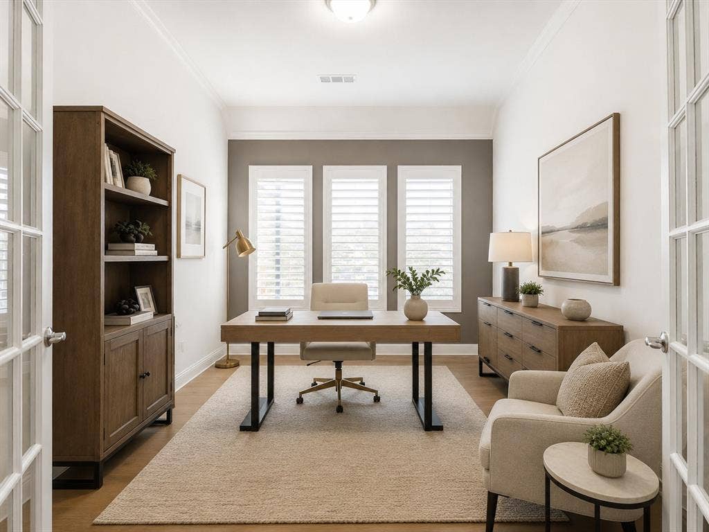 French doors opening into a room featuring wood-finish flooring, a neutral area rug, and white walls with a contrasting accent wall. This image has been virtually enhanced for marketing purposes.
