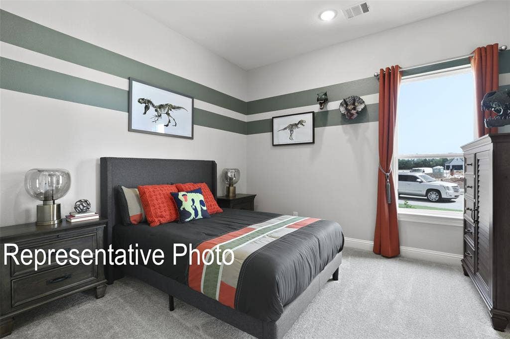 4384 Laurel Trail, Midlothian, TX 76065 Carpeted bedroom with a window featuring red drapery