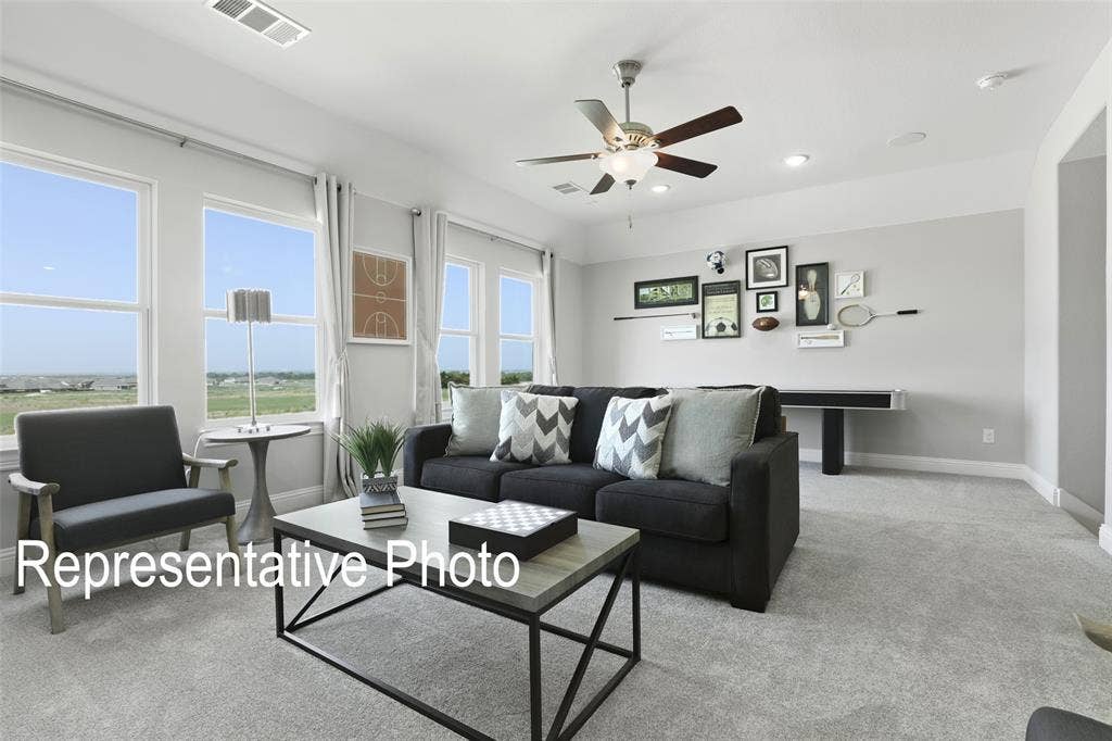 4384 Laurel Trail, Midlothian, TX 76065 Light gray wall tones with white trim, recessed lighting, ceiling fan, and carpeted flooring