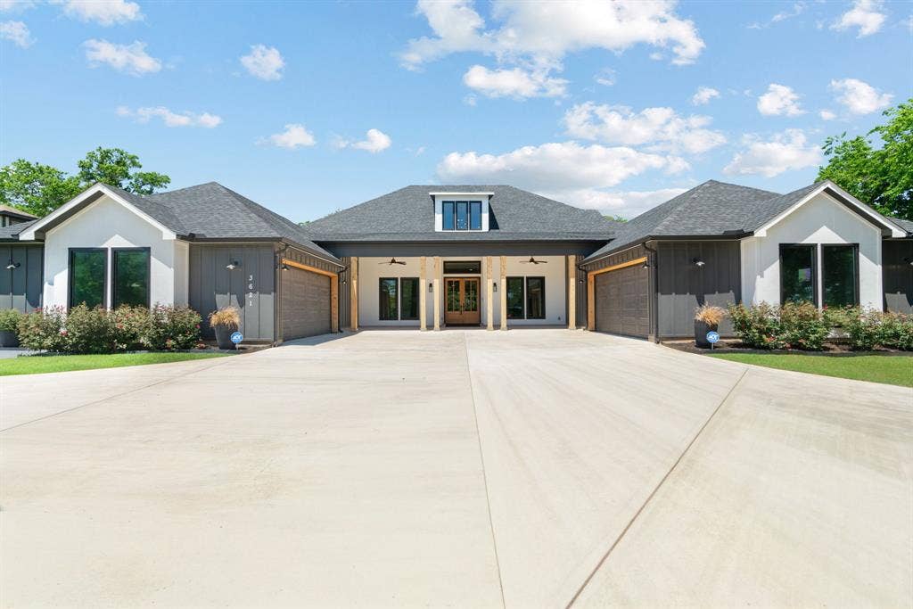 3621 Fritz Lane, Corinth, TX 76208 Contemporary exterior with a prominent covered entryway featuring wood-clad pillars and a recessed double-door entry