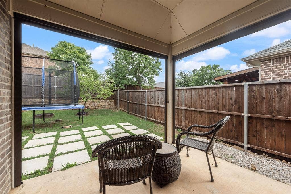 1432 Westview Lane, Northlake, TX 76226 Backyard covered patio with drop down screens at 1432 Westview Ln in the Canyon Falls community in Northlake, TX