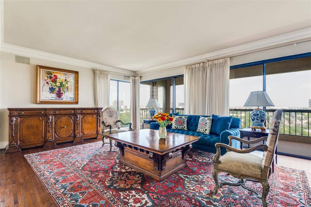 3831 Turtle Creek Boulevard, #15E, Dallas, TX 75219 Living Room opens to terraces.