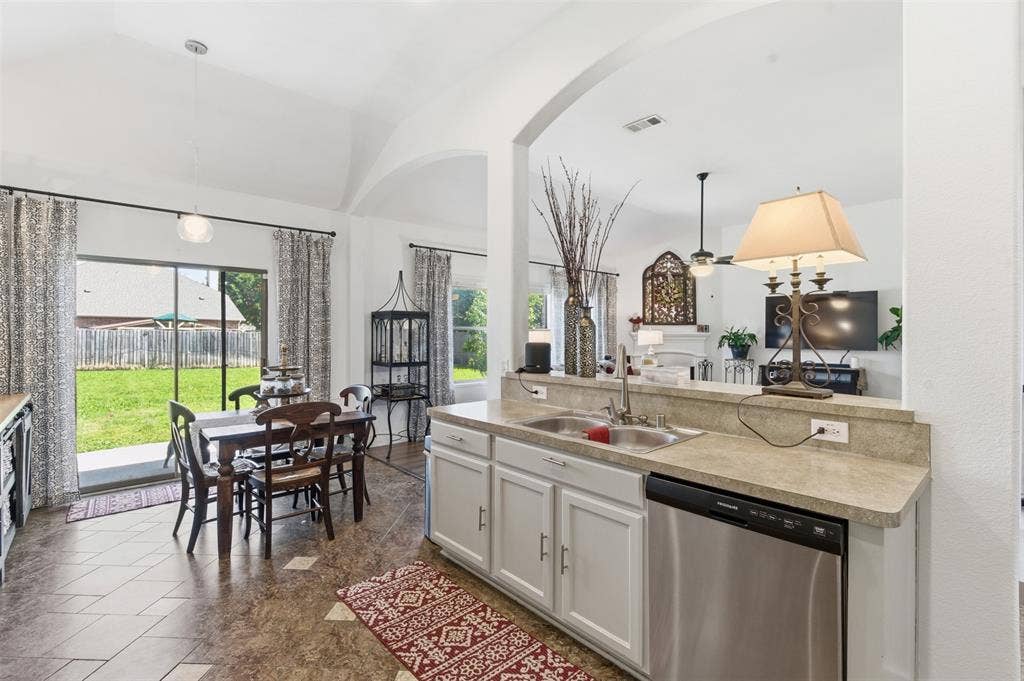 1081 Barrington Drive, Prosper, TX 75078 Kitchen featuring a stainless steel double basin sink, white cabinetry, and stainless steel dishwasher