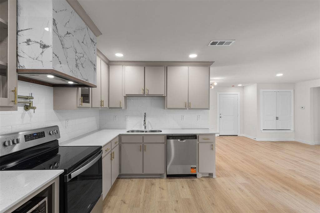 314 NW 15th Street, Grand Prairie, TX 75050 Modern kitchen with light cabinetry, stainless steel appliances, a tile backsplash, and light-toned wood-finish flooring