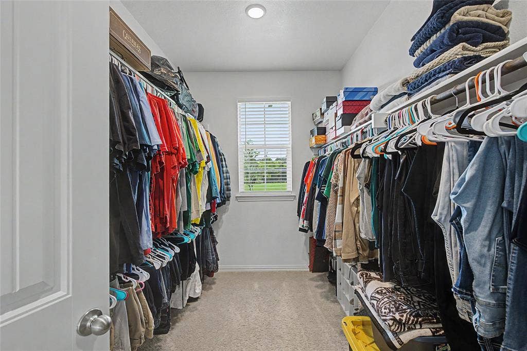 185 Chester Road, Springtown, TX 76082 Walk-in closet featuring built-in shelving, hanging rods, recessed lighting, a window with blinds, and carpet flooring