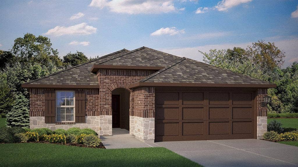 1313 TIN ROOF Road, Denton, TX 76249 Front Elevation - D.R. Horton's Baxter floor plan elevation-B-All Home and community information, including pricing, included features, terms, availability and amenities, are subject to change at any time without notice or obligation. All Drawings, pictures, photographs, video, square footages, floor plans, elevations, features, colors and sizes are approximate for illustration purposes only and will vary from the homes as built.