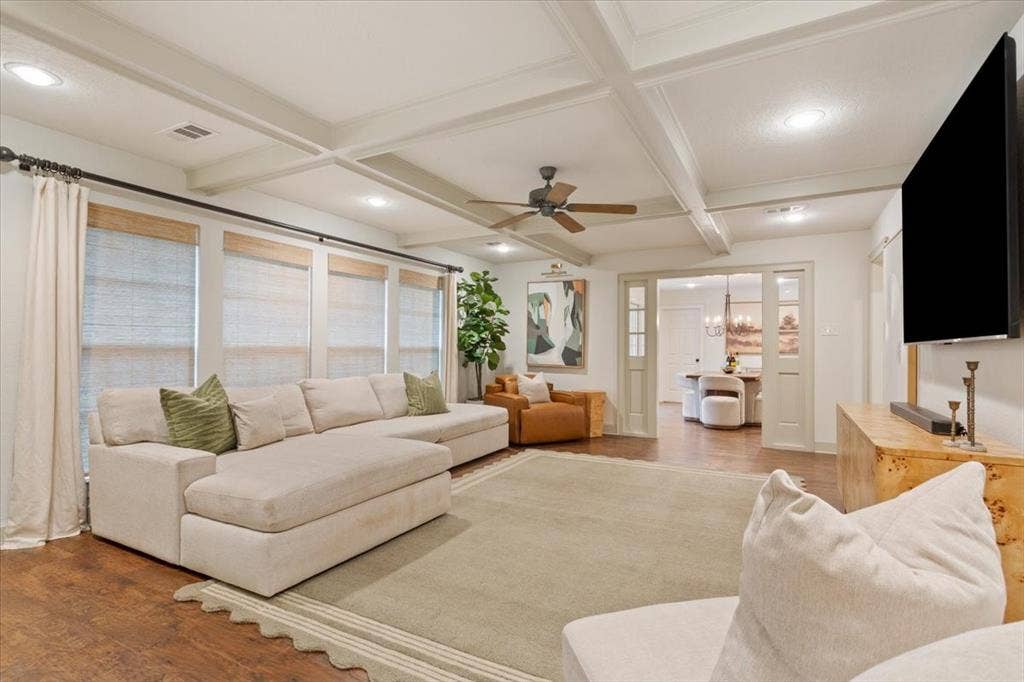 402 Shadow Mountain Drive, Woodway, TX 76712 Living area with coffered ceilings, wood-finish flooring, and recessed lighting