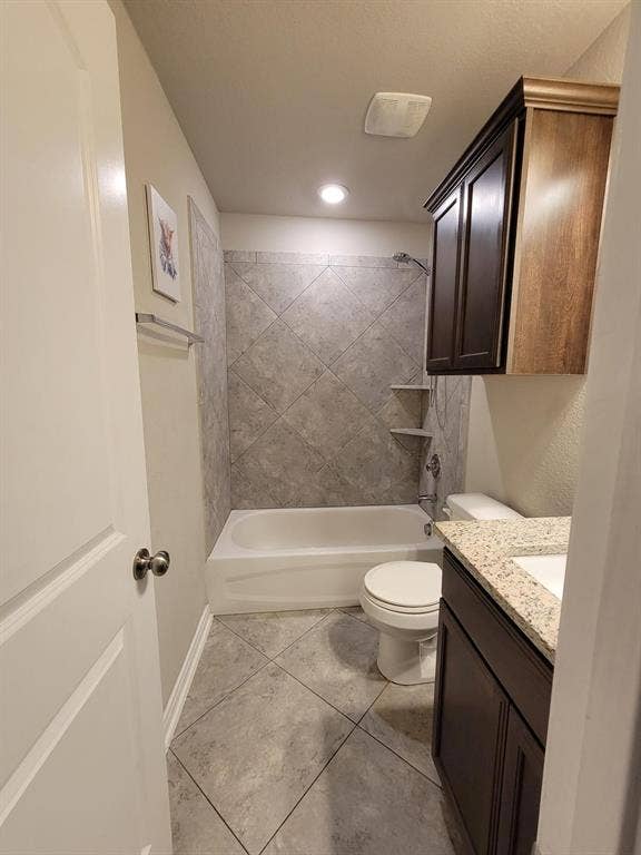 1106 Placid Circle, Waco, TX 76706 Full bathroom featuring a white tub, shower with gray tile surround, and a dark wood-finish vanity with a light granite-style countertop