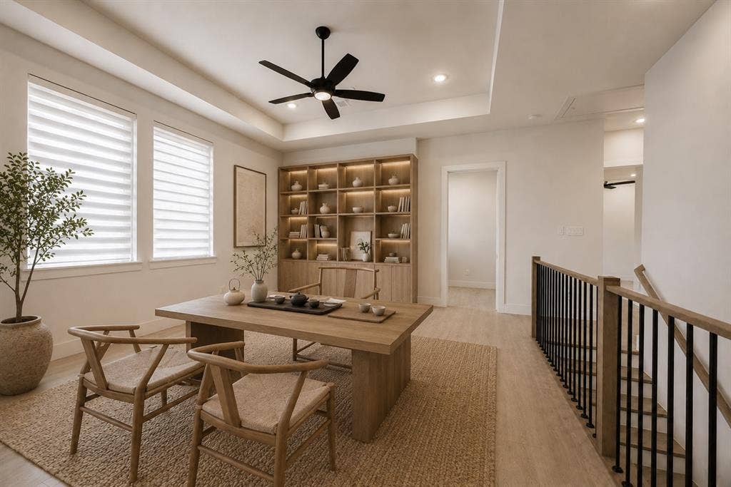 11965 Brubaker Drive, Frisco, TX 75033 Dedicated space featuring a built-in illuminated bookshelf, wood-finish flooring, and a tray ceiling with recessed lighting