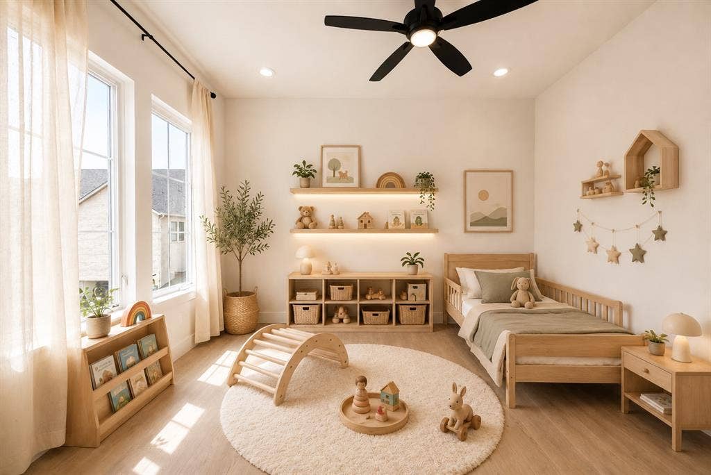 11965 Brubaker Drive, Frisco, TX 75033 Spacious room featuring wood-finish flooring and two large windows with sheer drapes