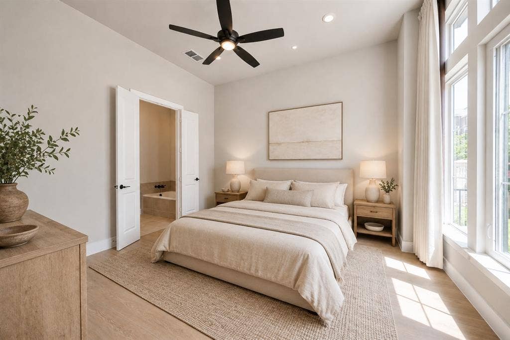 11965 Brubaker Drive, Frisco, TX 75033 Spacious bedroom featuring wood-finish flooring, a contemporary ceiling fan, recessed lighting, and expansive windows