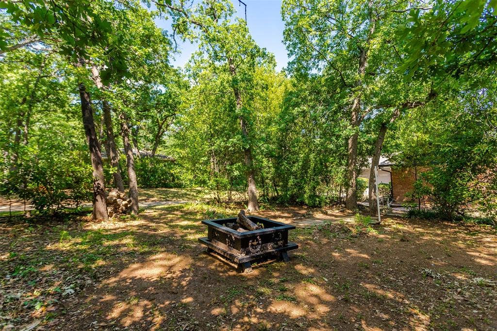 101 Hollyhill Lane, Denton, TX 76205 Wooded backyard featuring a built-in fire pit, mature trees, and natural ground cover