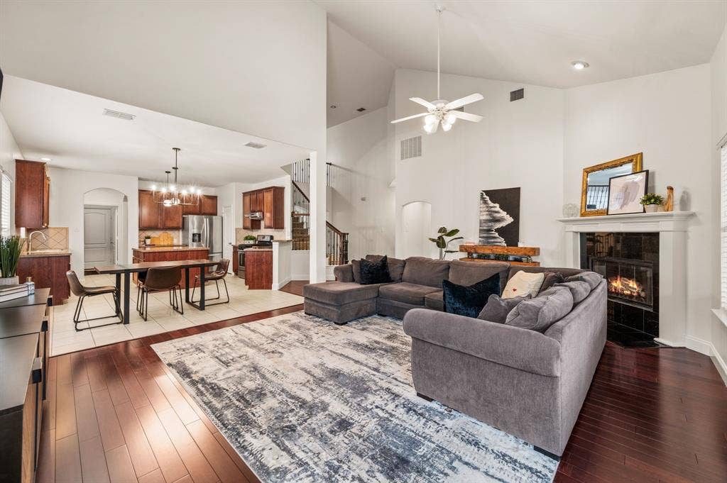 308 Bradbury Drive, Euless, TX 76040 Seamless open-concept layout connecting the living, dining & kitchen spaces beautifully.