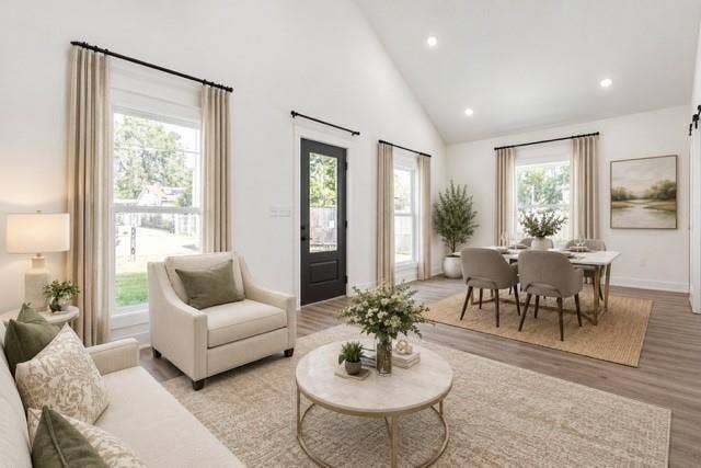 2608 Cleveland Avenue, Waco, TX 76711 Virtual staging -Vaulted ceilings, recessed lighting, wood-finish flooring, multiple windows, and a glass-paneled exterior door