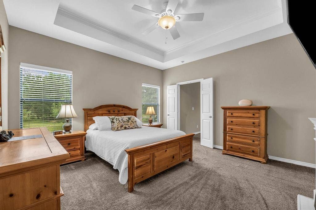 613 Bone Road, Valley Mills, TX 76689 Spacious room featuring a tray ceiling with a ceiling fan, carpet flooring, and neutral wall tones