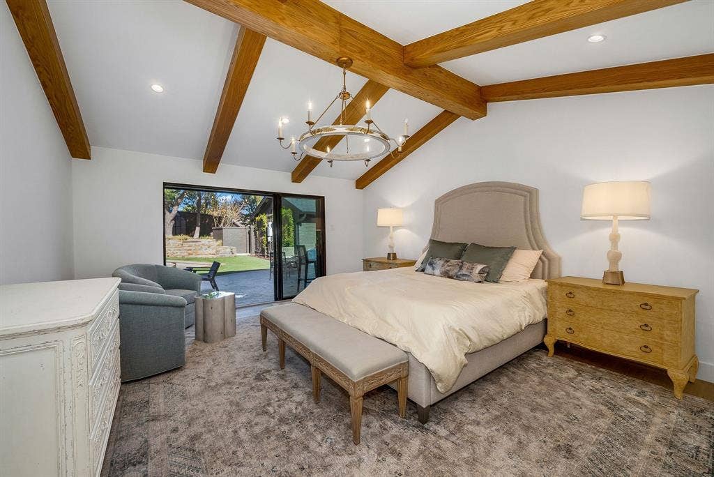 6275 Preston Creek Drive, Dallas, TX 75240 Bedroom featuring a chandelier, access to outside, and recessed lighting