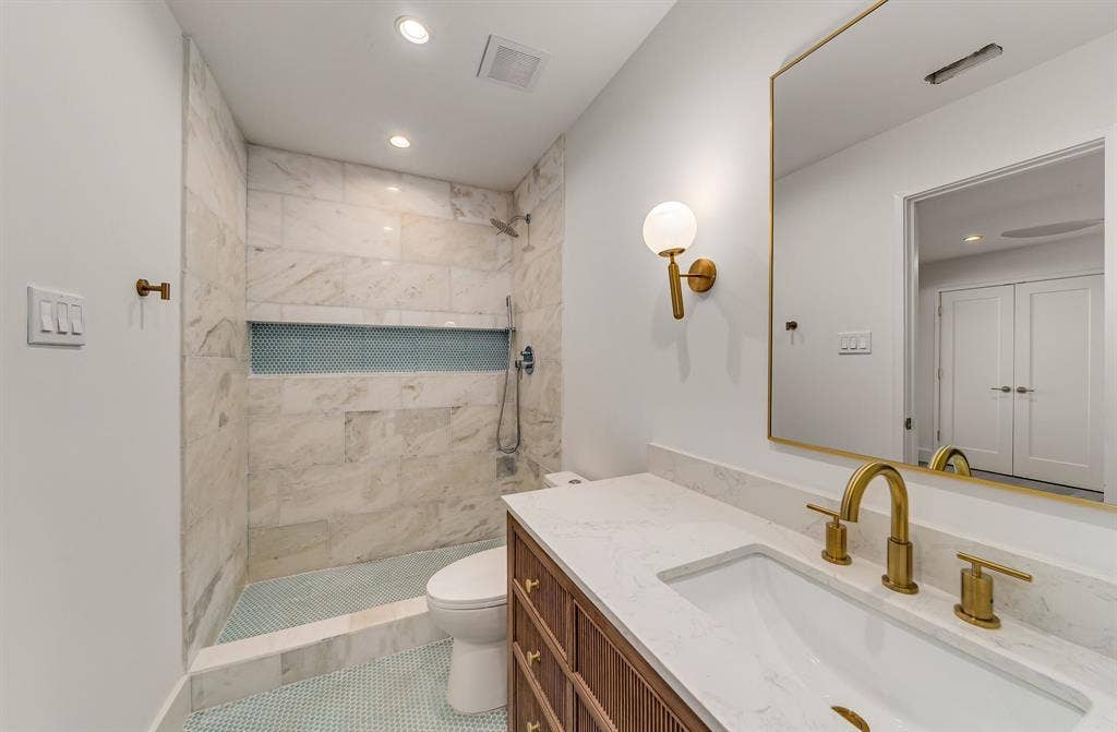 6275 Preston Creek Drive, Dallas, TX 75240 Full bath with vanity, a shower stall, recessed lighting, and tile patterned floors