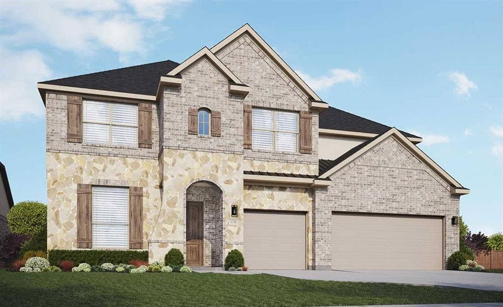 2297 Slate Drive, Waxahachie, TX 75167 Two-story facade featuring a stone and brick exterior with contrasting wood shutters