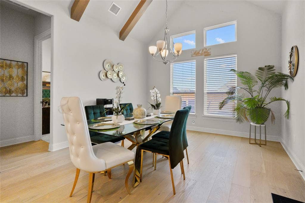 Vaulted ceiling with exposed wood beams