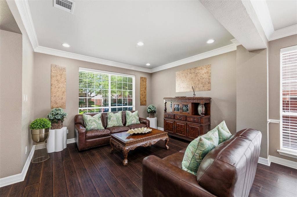 1432 Honey Locust Drive, Plano, TX 75023 Living Rm with engineered wood, recessed lighting, cand rown molding.
