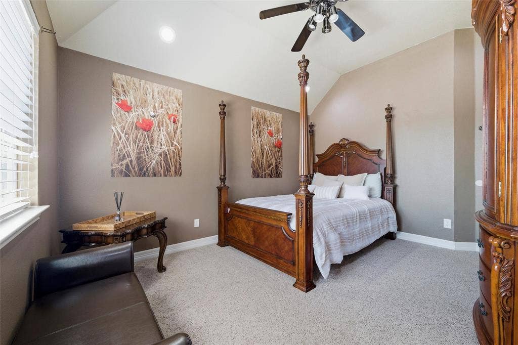 1432 Honey Locust Drive, Plano, TX 75023 Bedroom 4 with vaulted ceiling, large closet, ceiling fan, and and recessed lighting.