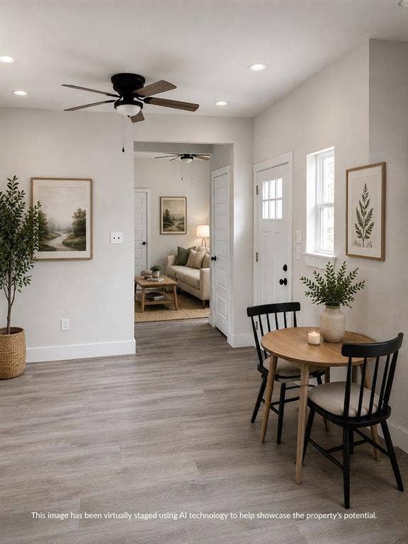 316 Henry Street, Waxahachie, TX 75165 Open-concept living space featuring wood-finish flooring, recessed lighting, and a ceiling fan