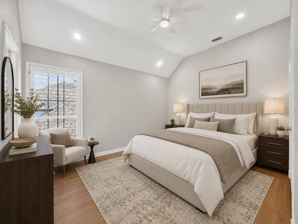 4437 Lone Tree Drive, Plano, TX 75093 Vaulted ceiling with recessed lighting and ceiling fan
