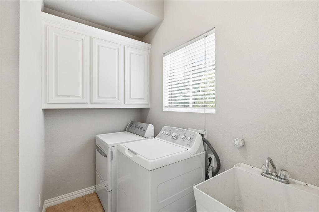 201 Fountainview Drive, Euless, TX 76039 Dedicated laundry area features built-in cabinets and utility sink.