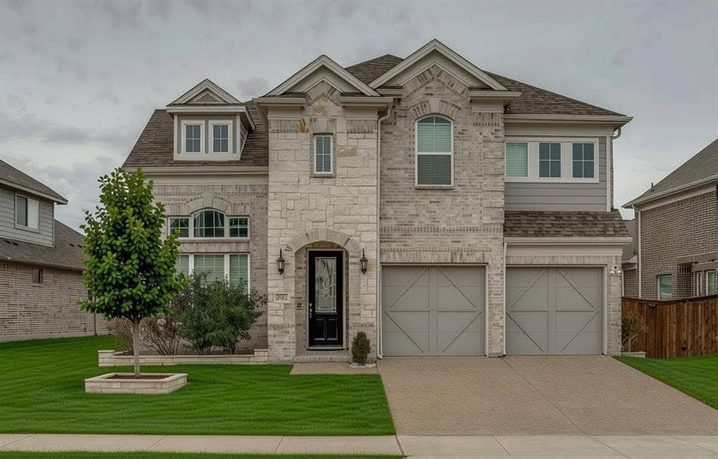 2811 Killdeer Trail, Prosper, TX 75078 Two-story residence featuring a stone and brick facade, a two-car garage with carriage-style doors, an arched entry with a black decorative glass door, and a manicured lawn with mature landscaping