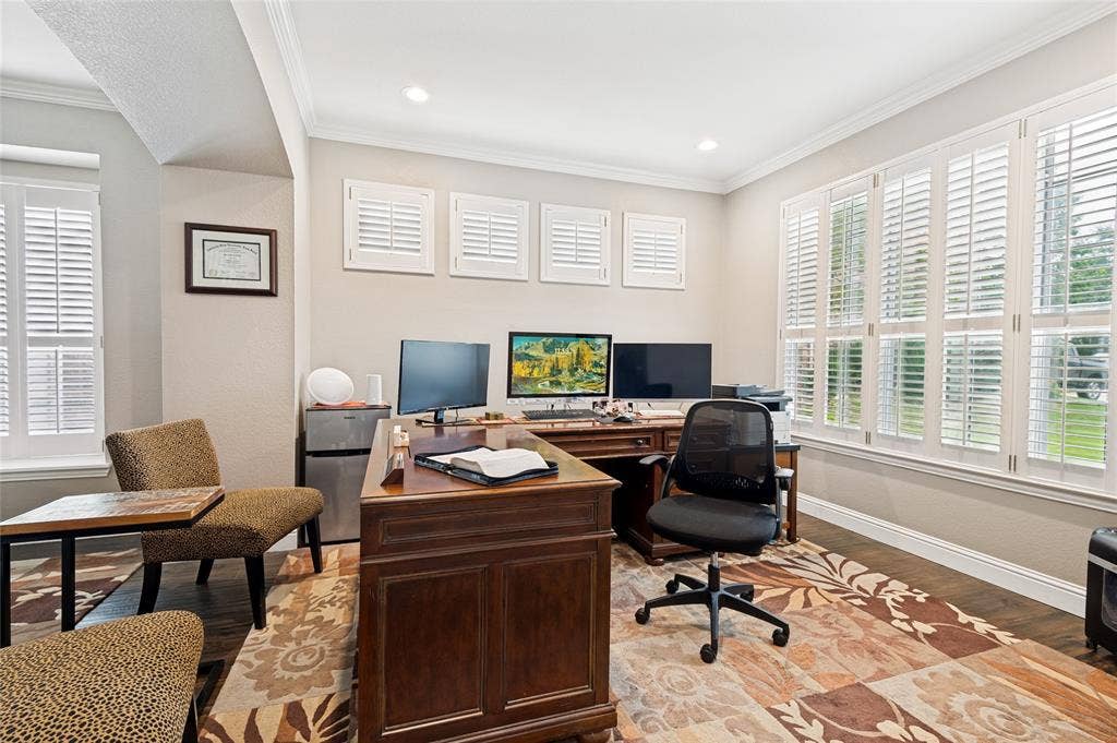 108 Appalachian Way, McKinney, TX 75071 Office space featuring extensive window treatments, recessed lighting, crown molding, and wood-finish flooring