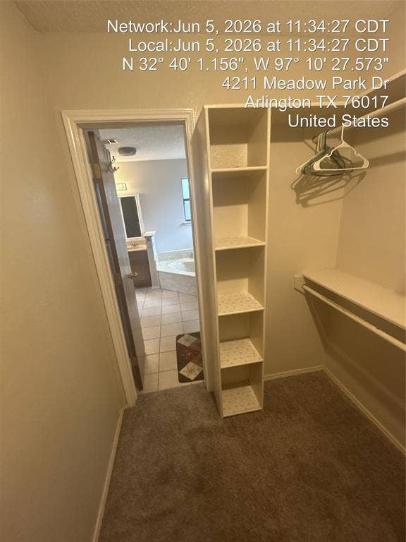 4211 Meadow Park Drive, Arlington, TX 76017 Walk-in closet with carpet flooring, built-in shelving, and clothes hanging rod
