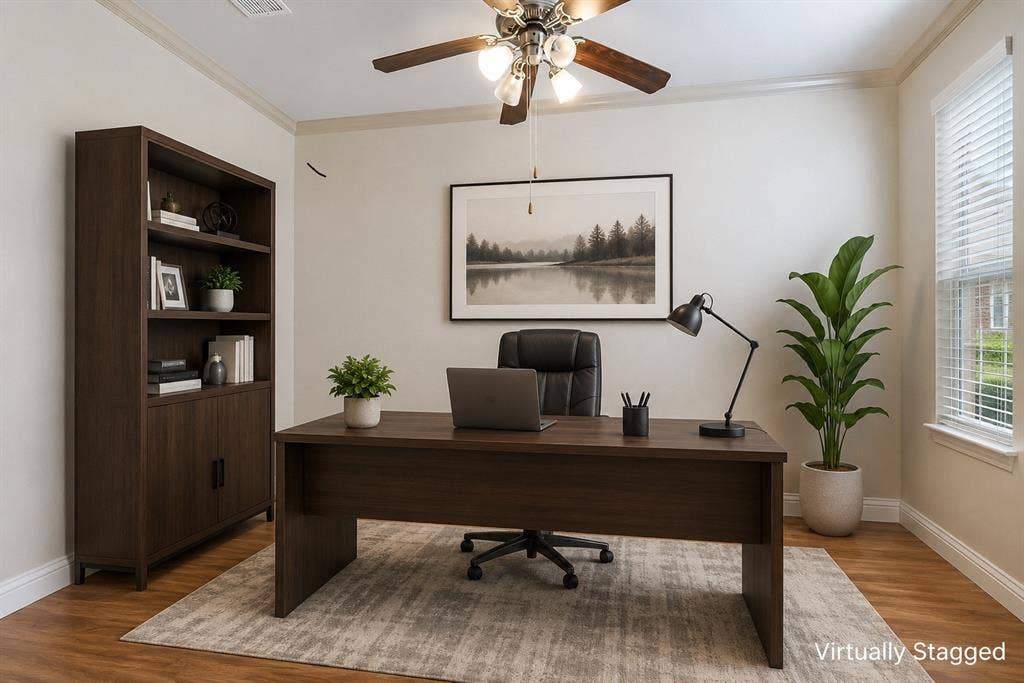2705 Fox Creek Trail, Arlington, TX 76017 Dedicated room featuring wood-finish flooring, crown molding, a multi-light ceiling fan, and a window with blinds