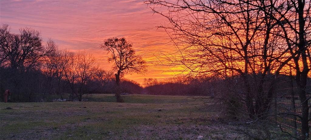 8601 Lowery Road, Fort Worth, TX 76120 Expansive natural landscape with a vibrant sunset backdrop, featuring mature trees and open fields