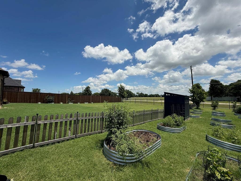 800 Beckington Drive, Shady Shores, TX 76208 Expansive green lawn with a dark wood privacy fence, featuring multiple galvanized steel raised garden beds and a modern black shed