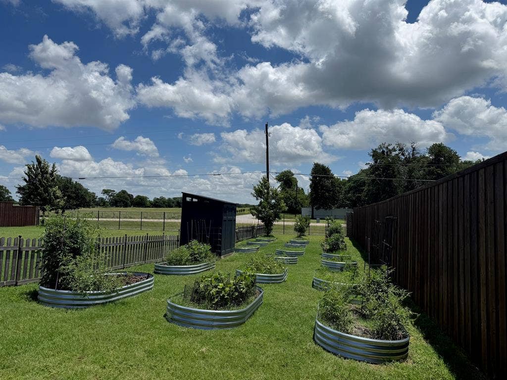 800 Beckington Drive, Shady Shores, TX 76208 Expansive outdoor space featuring a series of oval-shaped raised garden beds, a slatted wooden privacy fence, a picket fence, a dedicated storage shed, and a lush green lawn