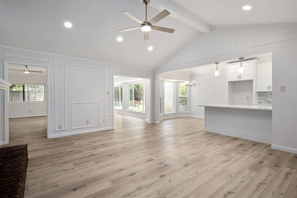 3406 Windridge Drive, Garland, TX 75043 Vaulted ceilings with exposed beams, recessed lighting, and a ceiling fan