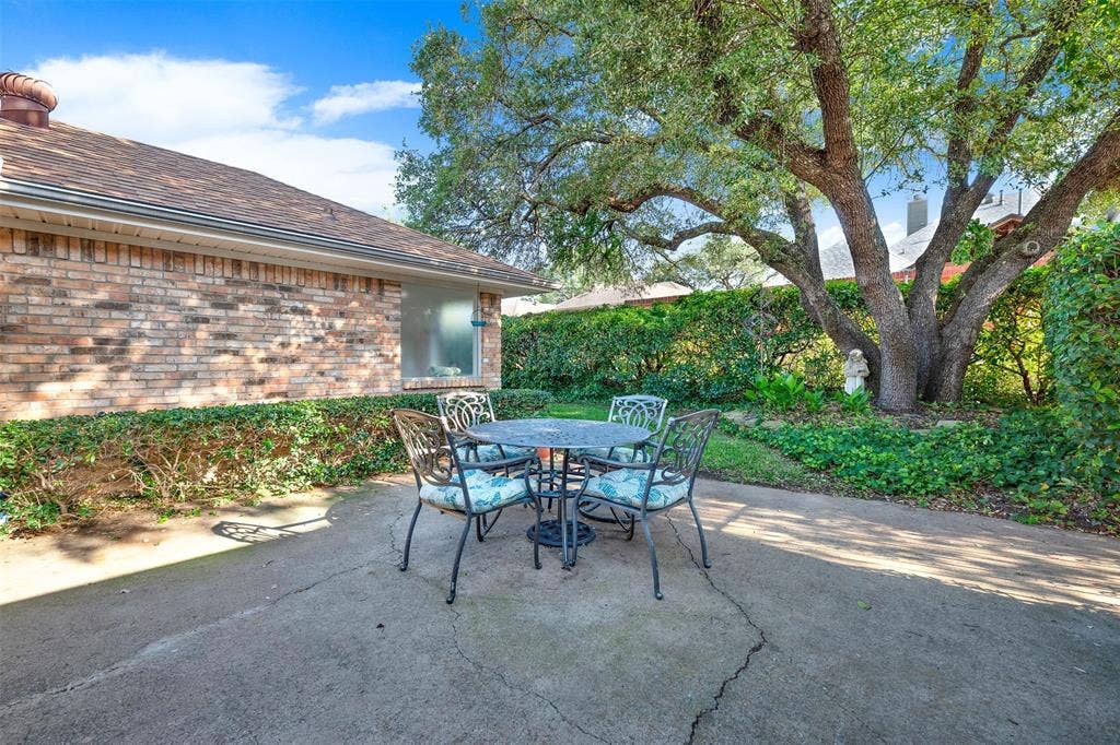 1908 Edgewater Drive, Plano, TX 75075 Back patio with large patio area for entertaining, mature trees and lots of natural greenery