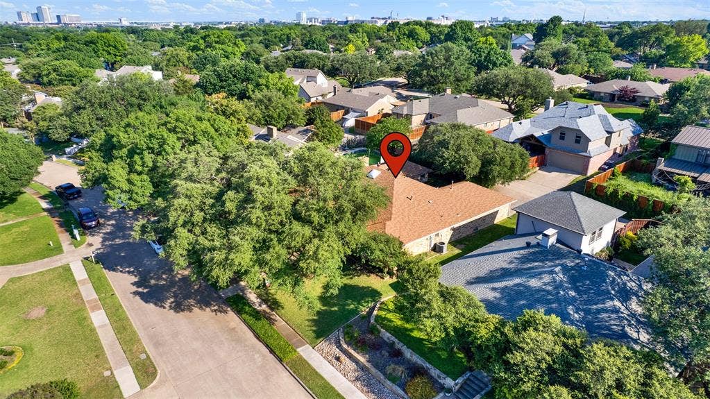1908 Edgewater Drive, Plano, TX 75075 Arial view showing quiet street and mature trees