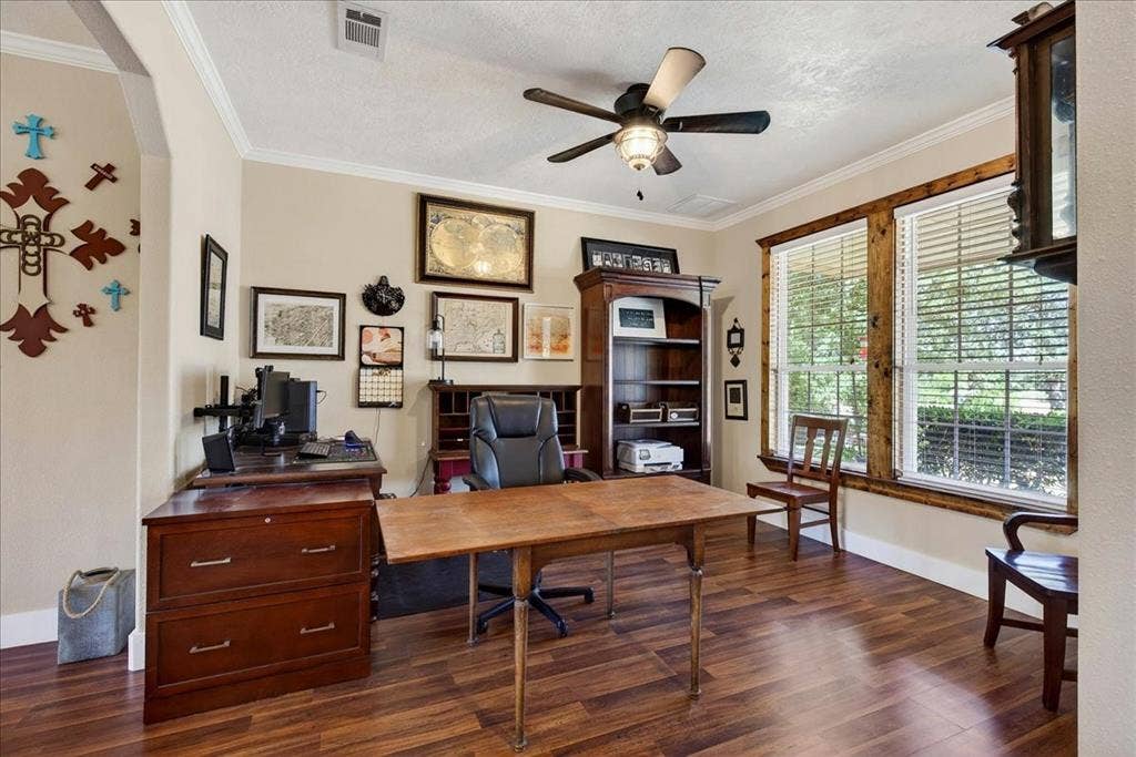 11591 Farm Market 59, Athens, TX 75751 Flex space/office featuring wood-finish flooring, two large windows with natural wood trim, and crown molding