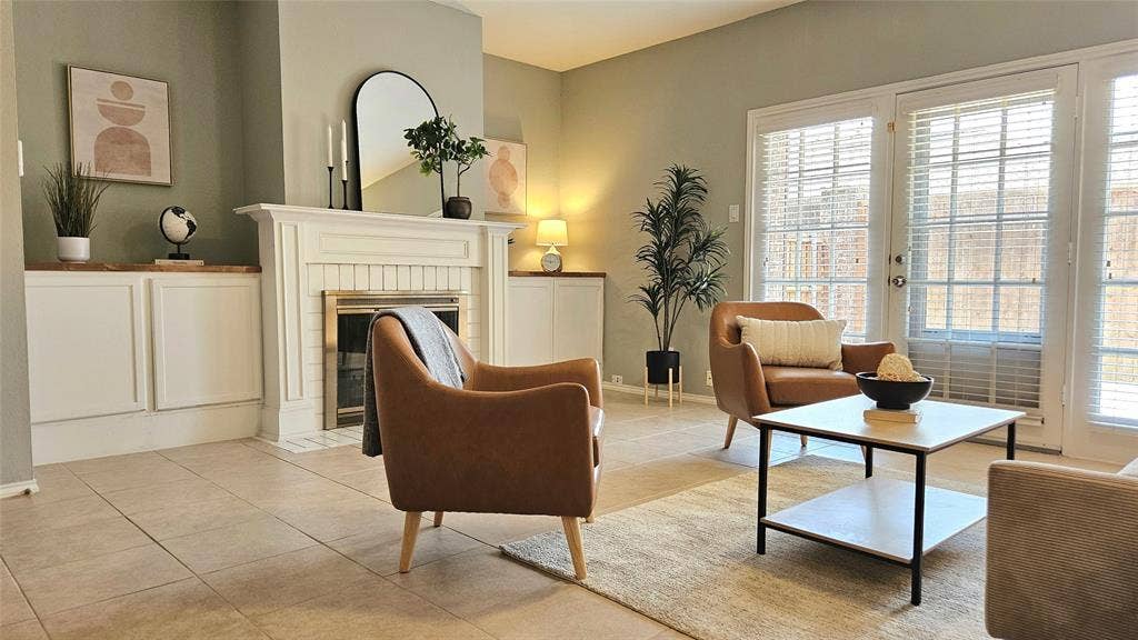 5859 Frankford Road, #603, Dallas, TX 75252 Living room with wood burning fireplace and built in cabinets