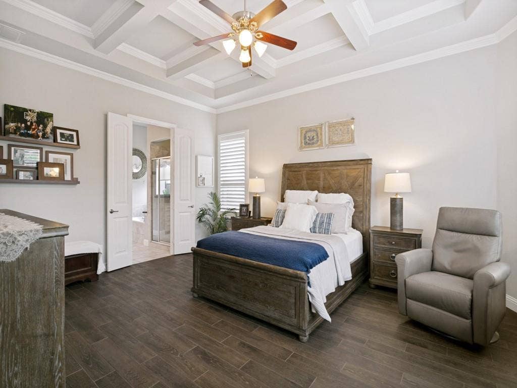 720 Hampshire Drive, Prosper, TX 75078 Large primary bedroom with ceiling fan and recessed ceiling.