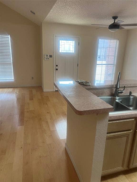 121 Brookside Drive, Duncanville, TX 75137 Open-concept space featuring wood-finish flooring, a kitchen peninsula with an integrated sink, a ceiling fan, and a front entry door with decorative glass