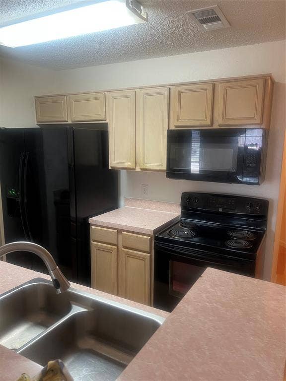 121 Brookside Drive, Duncanville, TX 75137 Kitchen featuring a double basin stainless steel sink with a pull-down faucet, black refrigerator, black electric range, and black microwave