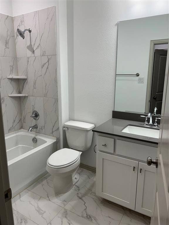 6041 Roper Road, McKinney, TX 75070 Full bathroom featuring a white tub with tiled shower surround, white vanity with dark countertop, and large wall-mounted mirror