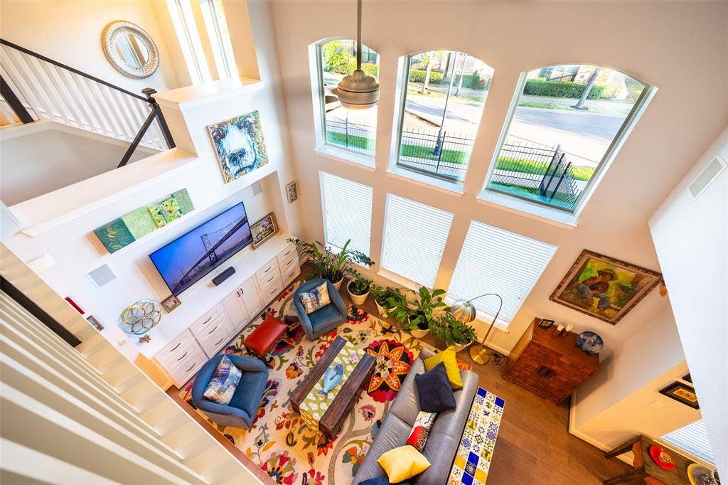 View of living area from loft library.