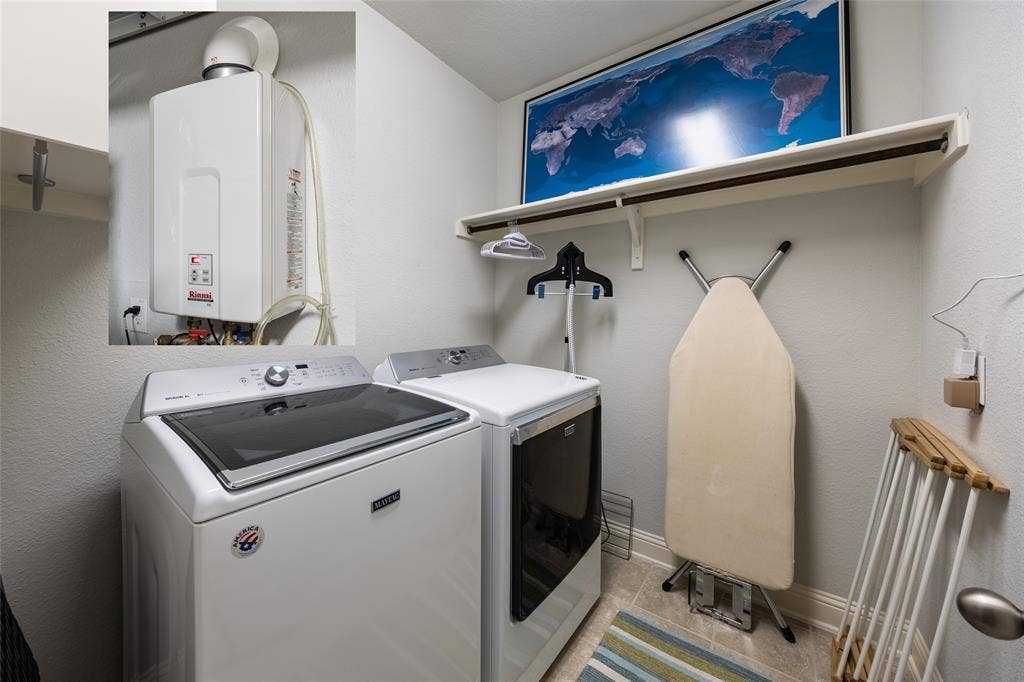 Upstairs laundry room.  Photo provides inset of tankless hot water heater located in garage.